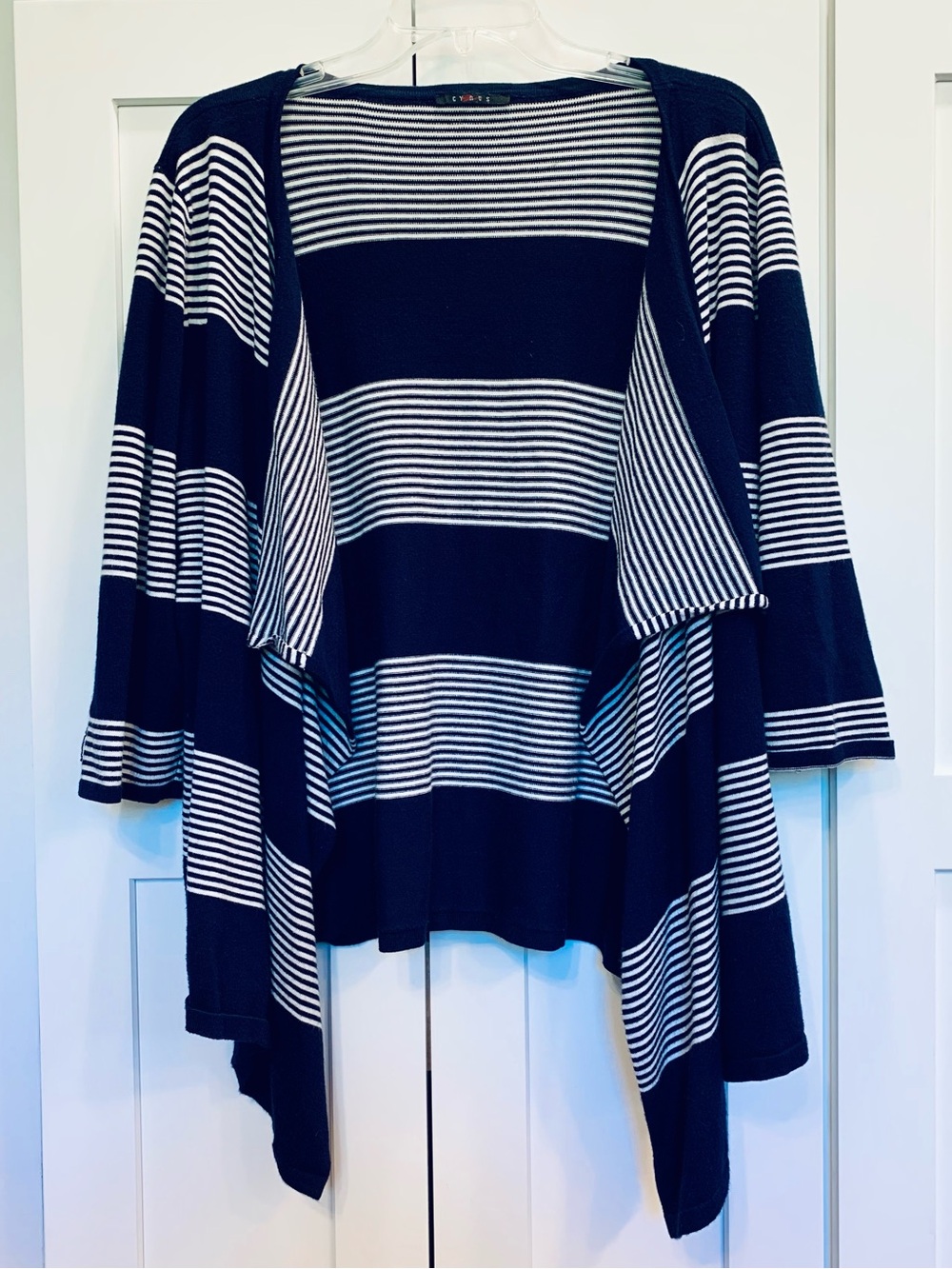 CYRUS Waterfall Cardigan Navy White Nautical Stripes Open Front 3/4 Sleeve